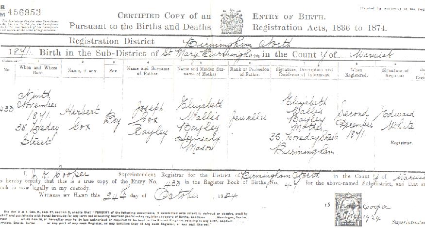 Herbert Cox Bayley's birth certificate
