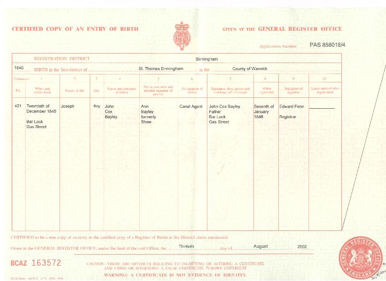 Joseph Cox Bayley's birth certificate