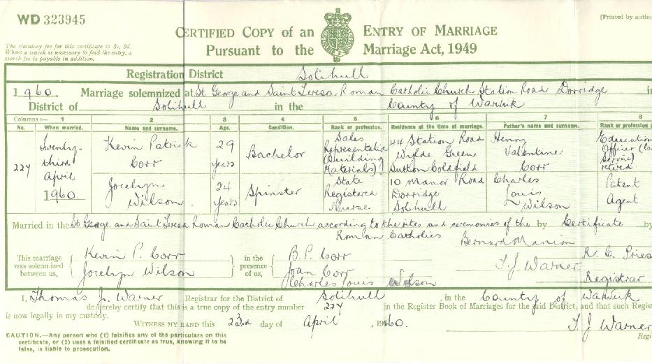 Kevin Patrick Corr's marriage certificate