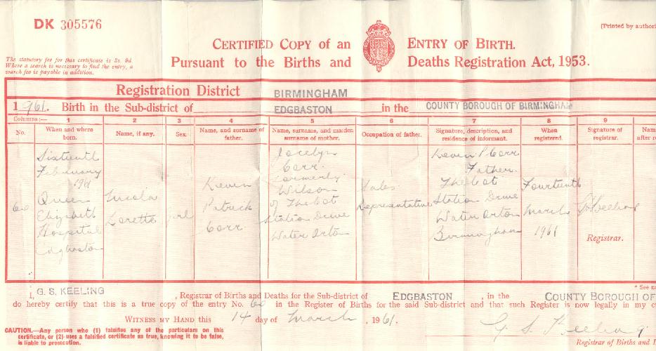 Nicola Lorette Corr's birth certificate