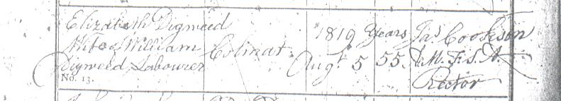 Elizabeth Digweed's burial certificate