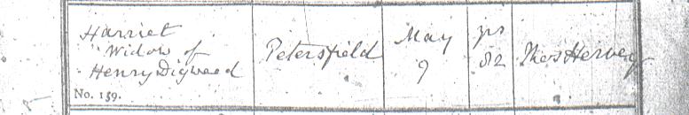 Harriet Digweed's burial certificate
