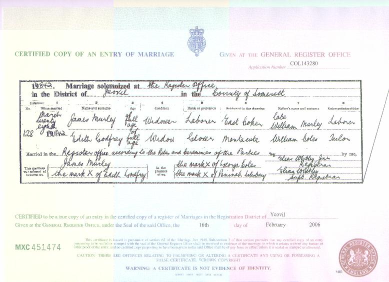 Edith Godfrey's marriage certificate