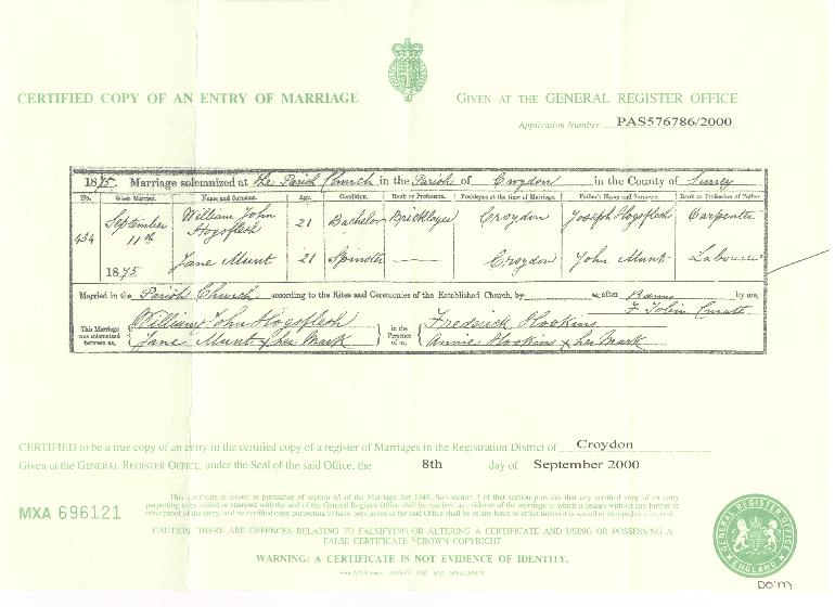 William John Hogsflesh's marriage certificate