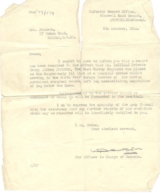 Henry Alfred Johnson War Letter 1