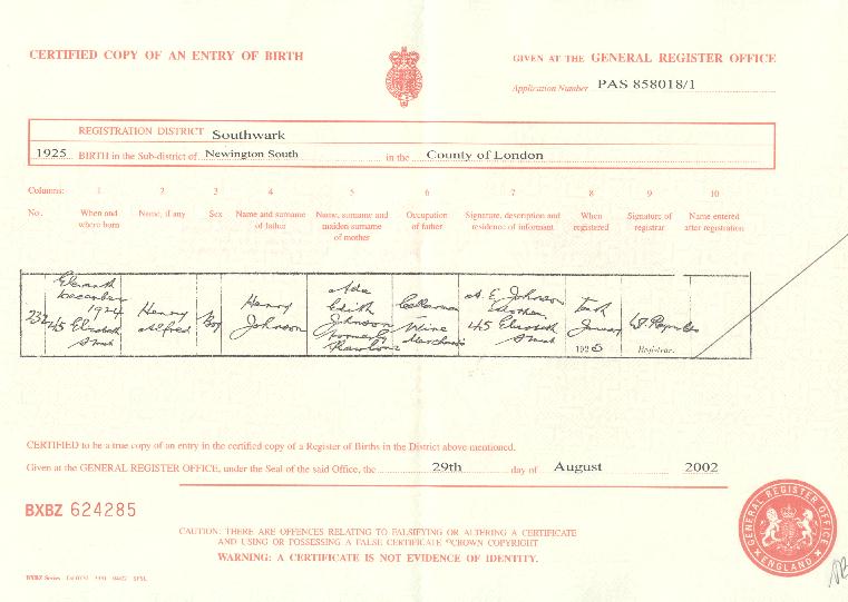 Henry Alfred Johnson's birth certificate