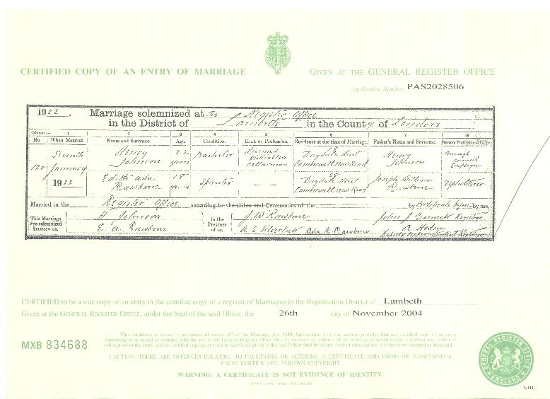 Henry Johnson's marriage certificate