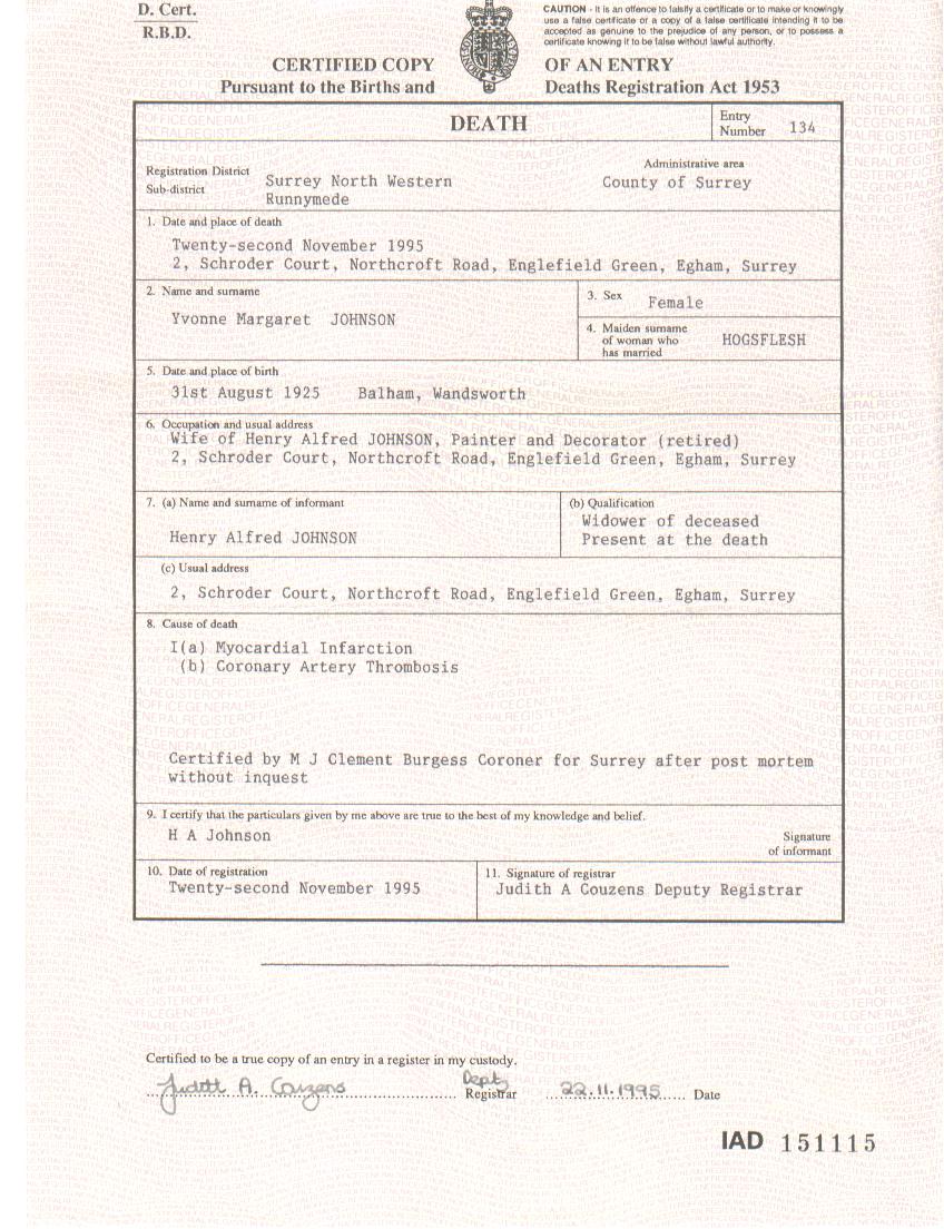 Yvonne Margaret Johnson's death certificate