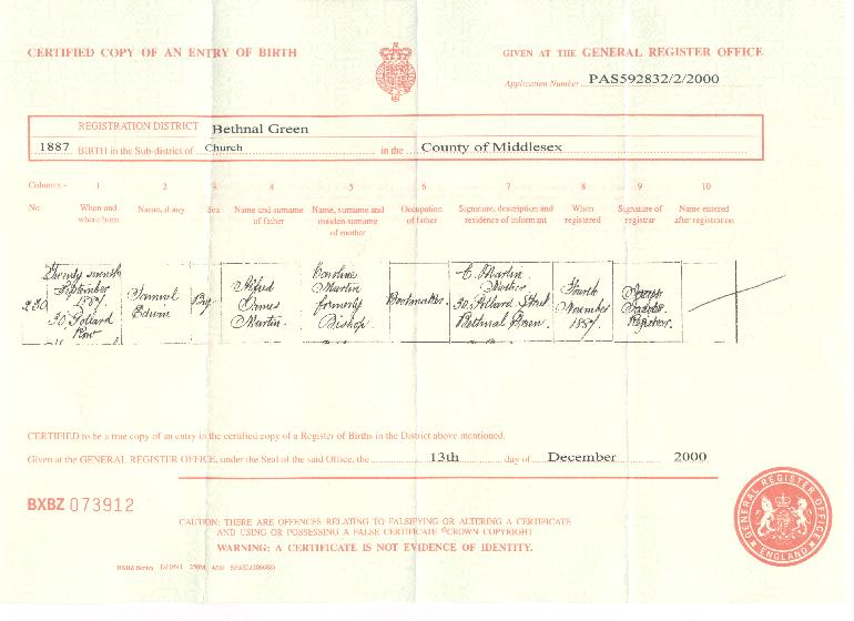 Samuel Edwin Martin's birth certificate