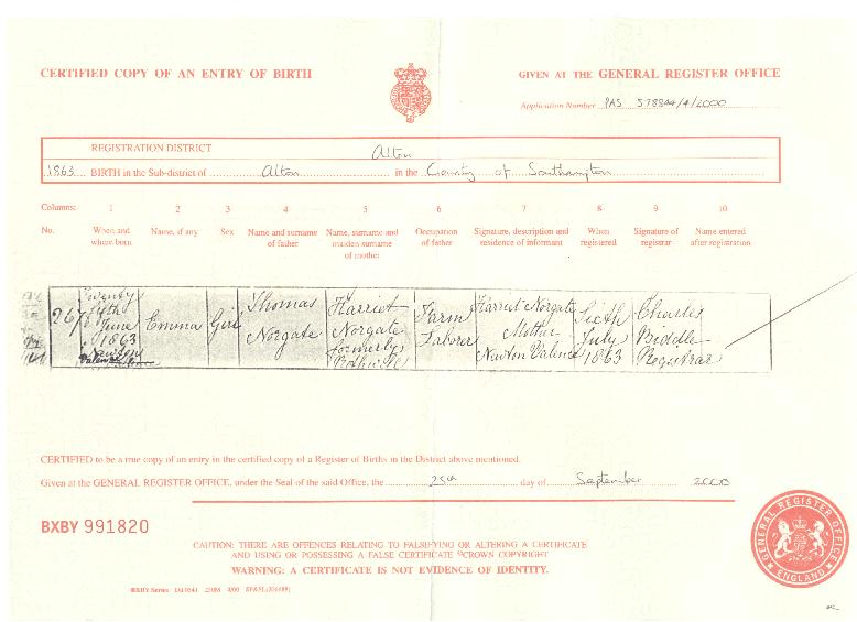 Emma Norgate's birth certificate