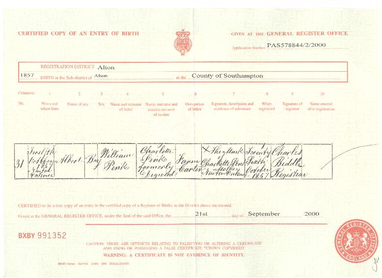 Albert Pink's birth certificate