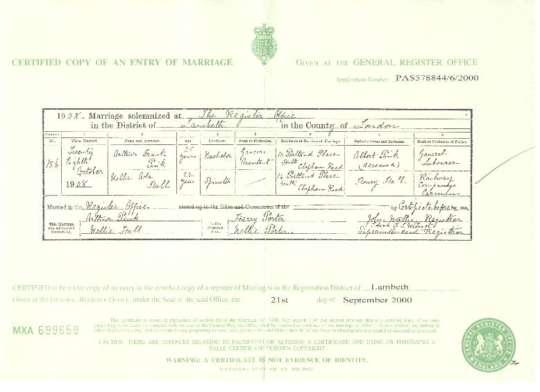 Arthur Frank Pink's marriage certificate