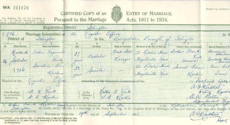 Arthur Reginald Pink's marriage certificate