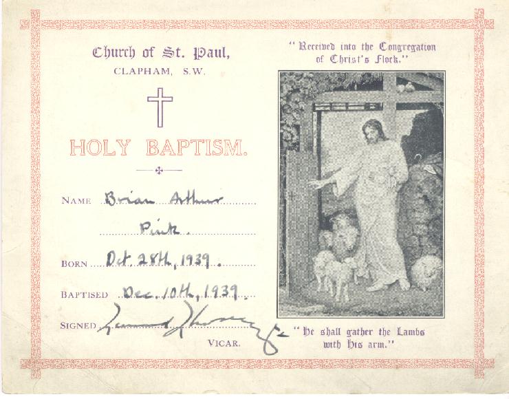 Brian Arthur Pink's baptism certificate