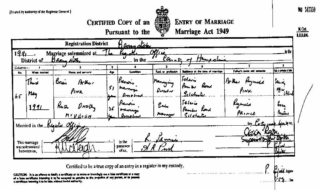 Brian Arthur Pink's 2nd marriage certificate