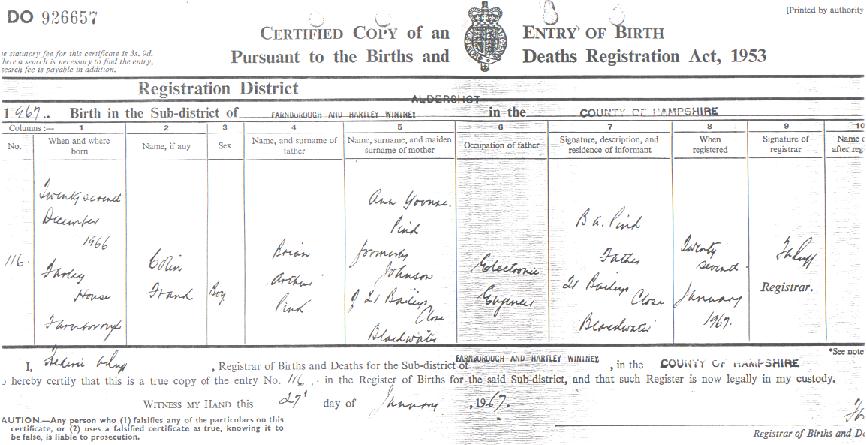 Colin Frank Pink's birth certificate