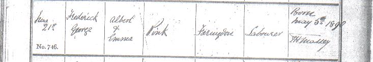 Frederick George Pink's baptism certificate