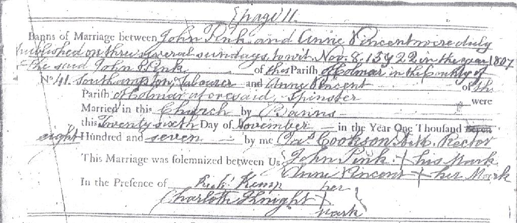 John Pink's marriage certificate