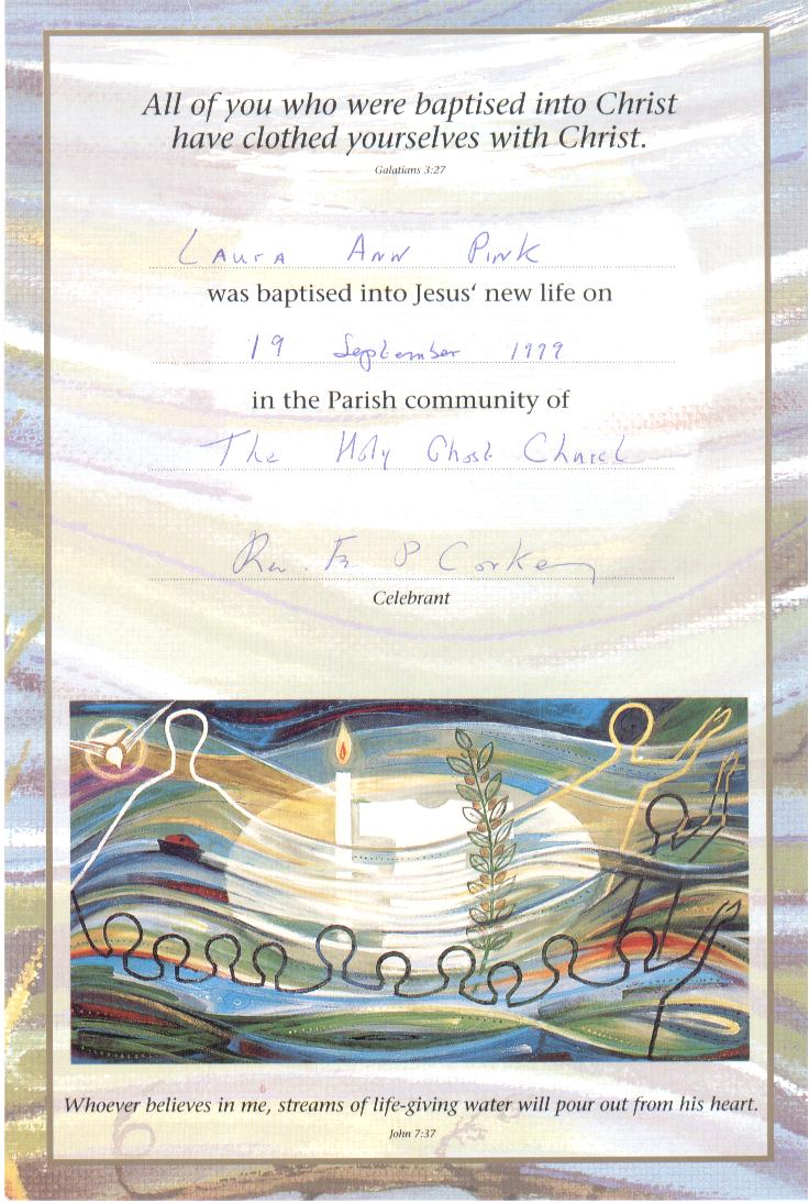 Laura Ann Pink's baptism certificate