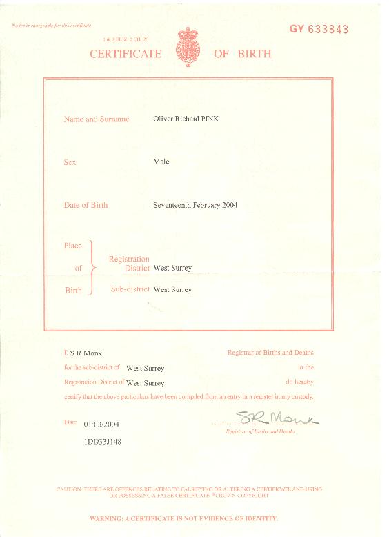Oliver Richard Pink's birth certificate