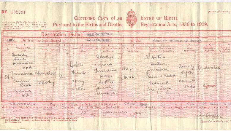Christine Dorothy Cotton's birth certificate