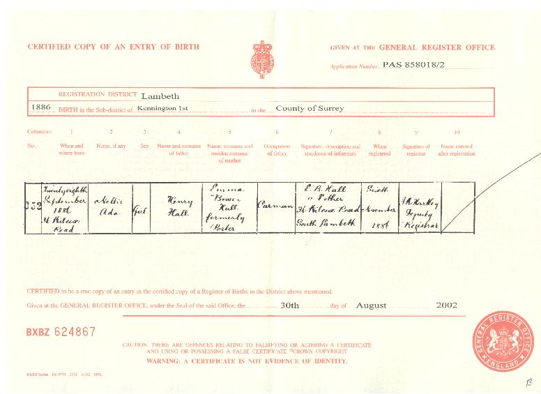 Nellie Ada Hall's birth certificate