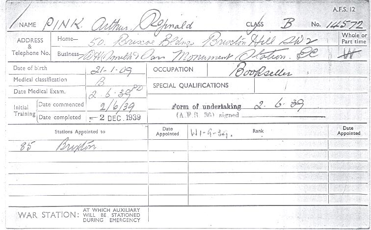 Arthur Reginald Pink's Auxiliary Fire Service Record