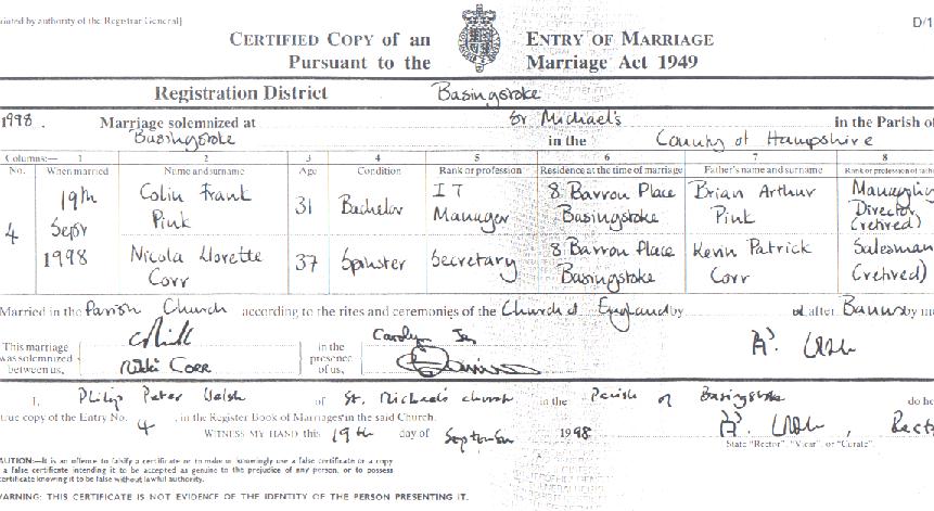 Colin Frank Pink's marriage certificate