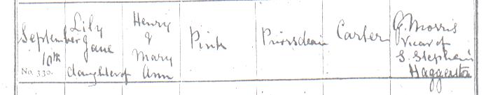 Lily Jane Pink's baptism certificate