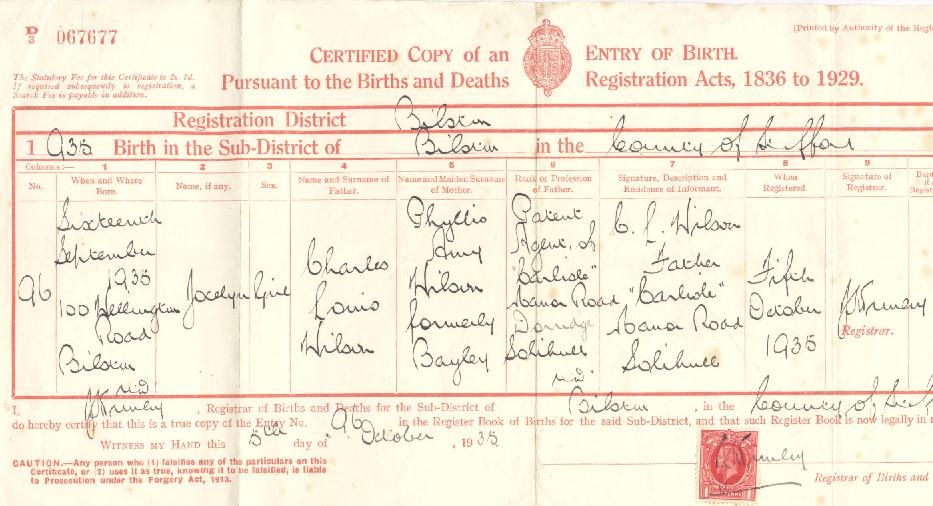 Jocelyn Wilson's birth certificate